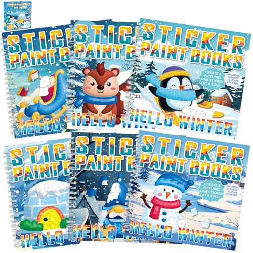 6Pcs Hello Winter Paint by Sticker Books for Kids Ages 4-8 Sticker by Number Books Activity Book for Kids Ages 3-5 Sticker Puzzle Book Xmas Craft Art Toddler Girl Gift with Snowman Penguin 48 Pictures - style: Hello Winter