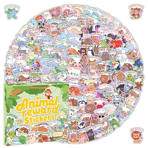200PCS Holographic Animal Reward Stickers for Kids, Cute Inspirational Affirmation Stickers with Motivational Quotes for Water Bottles Laptops Journals, Teacher Reward Sticker for Classroom Students - style: 200 PCS Holographic Animal Inspirational Sticke