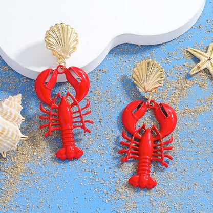 Creative Exaggerated Ocean Animal Drop Dangle Earrings for Women, Bohemia Style Alloy Lobster Octopus Fish Crab Earrings for Summer Beach Holiday Party Jewelry Gifts - style: Shell Lobster Earrings-A