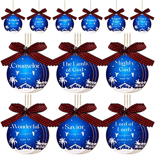 24 Pcs Names of Jesus Wooden Christmas Ornament, Blue and White, Round - color: Blue and White