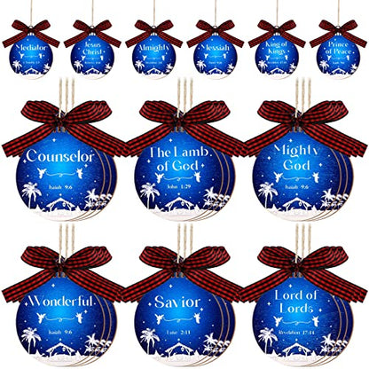 24 Pcs Names of Jesus Wooden Christmas Ornament, Blue and White, Round - color: Blue and White