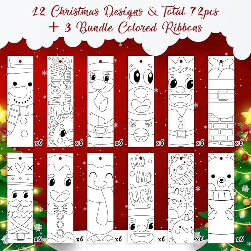 Haooryx Christmas Santa DIY Bookmarks - 75pcs Christmas Color Your Own Bookmarks Kids DIY Coloring Blank Party Game Prize Goodie Bag Fillers Gift Tags Reading Enthusiasts Students Classroom Reward - style: Christmas Character