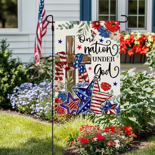 CROWNED BEAUTY 4th of July Garden Flag Patriotic Cross Double Sided 12x18 Inches Small Burlap Holiday Welcome Yard Porch Decoration for Outside CF1829-12