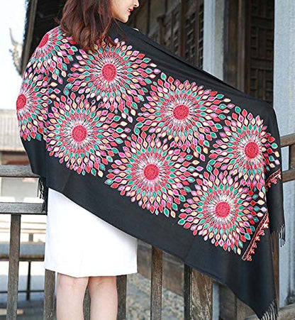 Urban CoCo Embroidered Scarf for Women, Tassel Shawl, Soft Lightweight Wrap - color: Black