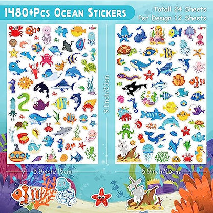 LINAYE 1480PCS Ocean Stickers for Kids, 24 Sheets, Vinyl, Waterproof Under The Sea Fish Animal Stickers for Ocean Sea Party Favors, Scrapbooking, Water Bottles - style: Ocean 24 Sheets