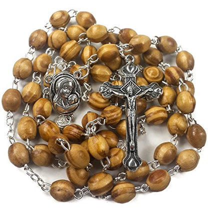 Nazareth Store Catholic Prayer Rosary Olive Wood Beads Necklace Holy Soil Medal & Metal Cross Velvet Gift Bag