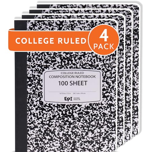 4 Pack - EPI College Ruled Composition Notebook Black - 200 Pages (100 Sheets), 9-3/4 x 7-½ - Classroom Back to School Supplies, Heavy Duty, Durable Hardcover Office Notebooks, Sewn - size: Pack of 4, style: College Ruled