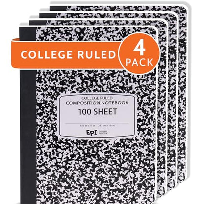4 Pack - EPI College Ruled Composition Notebook Black - 200 Pages (100 Sheets), 9-3/4 x 7-½ - Classroom Back to School Supplies, Heavy Duty, Durable Hardcover Office Notebooks, Sewn - size: Pack of 4, style: College Ruled