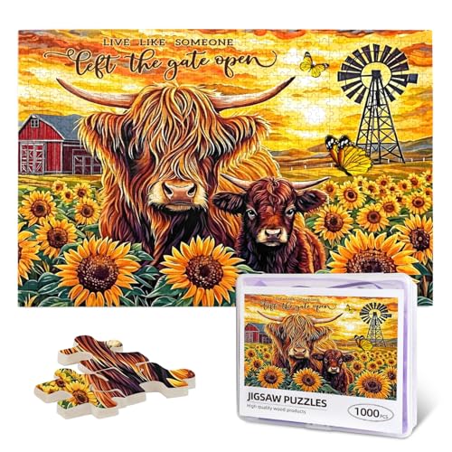 Farmhouse Highland Cow Jigsaw Puzzles for Adults 1000 Pieces Rustic Sunflower Cow Painting Wooden Jigsaw Puzzle Live Like Someone Left The Gate Open Inspirational Puzzle for Family Friends Home Decor - color: Highland Cow, size: 1000PCS