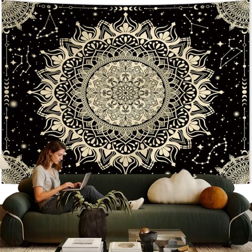 Apdidl Boho Mandala Tapestry for Bedroom, Black Hippie Ceiling Tapestries - color: Black Gold Mandala Tapestry, size: 90"L x 71"W