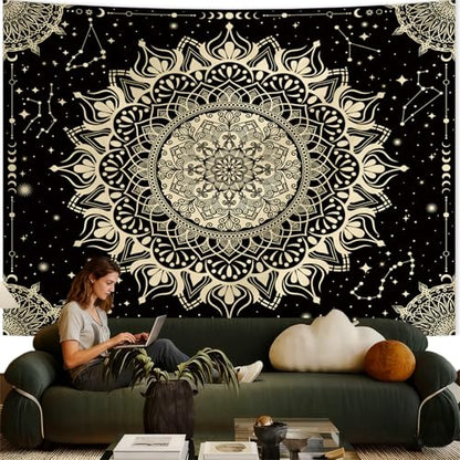 Apdidl Boho Mandala Tapestry for Bedroom, Black Hippie Ceiling Tapestries - color: Black Gold Mandala Tapestry, size: 90"L x 71"W