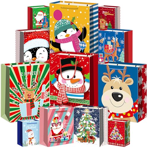 WLUSEAXI 12 Pack Christmas Gift Bags Assorted Sizes,Christmas Paper Bags with Handle Holiday Gift Bags for Christmas Presents,Kids,Xmas Party Favors (Red) - color: Red
