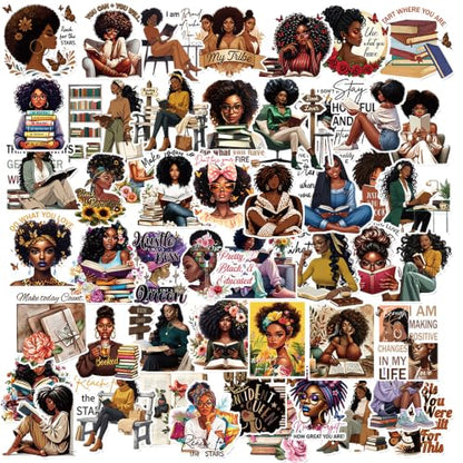 Black Girl Bookish Stickers - 50 Pcs Aesthetic Gift for Adult Women - color: Brown Bookish