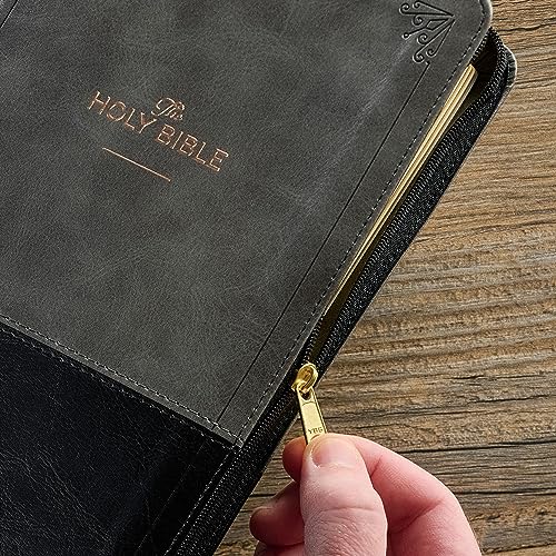 Personalized KJV Deluxe Standard Print King James Version Faux Leather Holy Bible with Thumb Index and Zippered Closure, Custom Name Includes Up to 3 Rows of Text with Red Letter Edition - color: Gray/Black