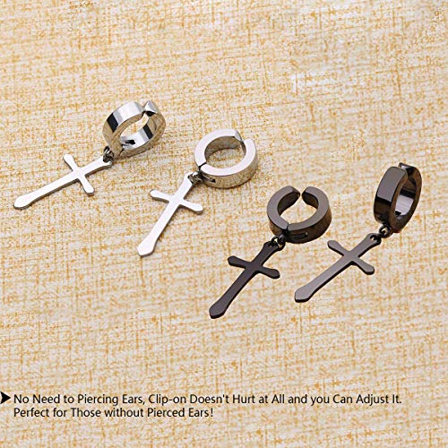 Non-pierced Earrings Set for Men Women Cross Titanium Steel Hoop Dangle Clip On Earring - style: set of 2 pairs