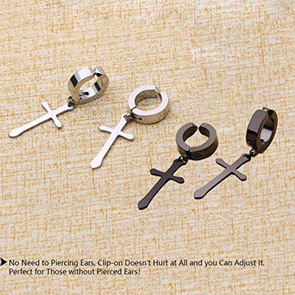 Non-pierced Earrings Set for Men Women Cross Titanium Steel Hoop Dangle Clip On Earring - style: set of 2 pairs