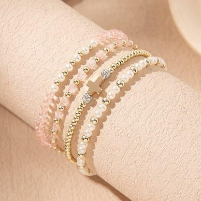 Colorful Cross Charm Bracelets for Women Men Adjustable Gold Plated Beaded Bracelet Boho Bead Ball Stretch Bracelet Birthday Summer Beach Jewelry - color: Light Pink