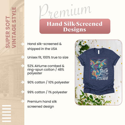 Love in Faith | Faith Hummingbird Tee | Christian Short Sleeve | Faith-Based Apparel | Heather Navy | Unisex - size: Large