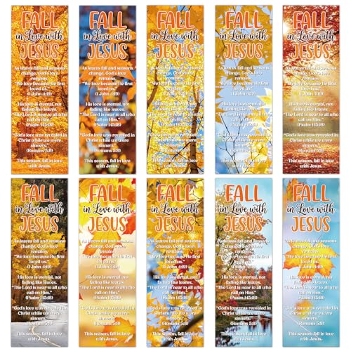 Fall Christian Bookmarks Gifts - 200 Pcs Fall in Love with Jesus Bookmark Paper Thanksgiving Religious Page Book Marks Gift for Women Men Autumn Harvest Sunday School Church Party Favors - color: Fall Christian