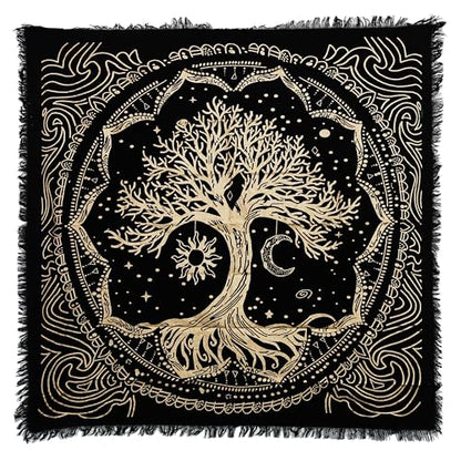 Indian Consigners Tree of Life Altar Cloth Tapestry Tablecloth Celtic Trees Ritual Spiritual Cloth for Sacred Places, Cotton Square Tarot Table Cover 18 by 18 Sacred - color: Golden Sun Moon Tree, size: 18" x 18" (Square)