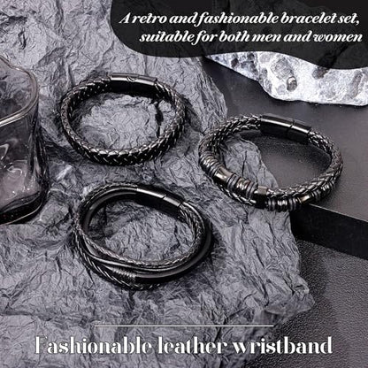 REVOLIA 3Pcs Black Leather Bracelets for Men Women Braided Leather Wristband Cuff Bracelets Multi-Layer Braided Leather Bracelets Set 7.5-9 Inches - color: Black