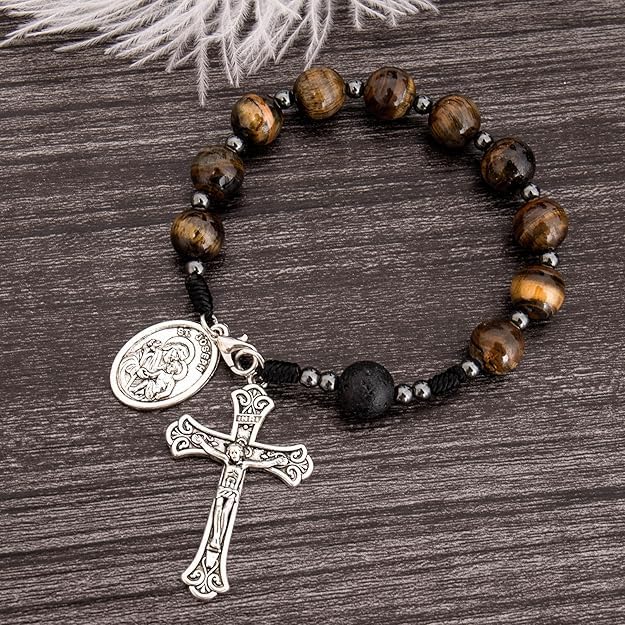 Nazareth Store Tiger Eye Beads One Decade Rosary Handmade Pocket Car Mirror with Saint Joseph Medal and Jesus Cross in Antique Silver Volcanic Stone Travel Friendly Rosary - color: Brown Tiger Eye