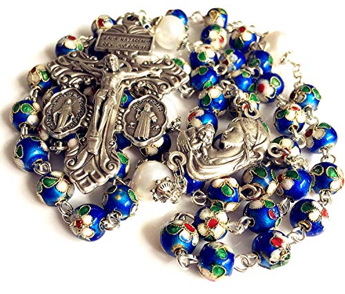 elegantmedical Handmade NICE Blue CLOISONNE & 10mm Pearl BEADS ROSARY NECKLACE Italy Parden cross Crucifix Catholic gift