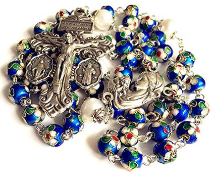 elegantmedical Handmade NICE Blue CLOISONNE & 10mm Pearl BEADS ROSARY NECKLACE Italy Parden cross Crucifix Catholic gift