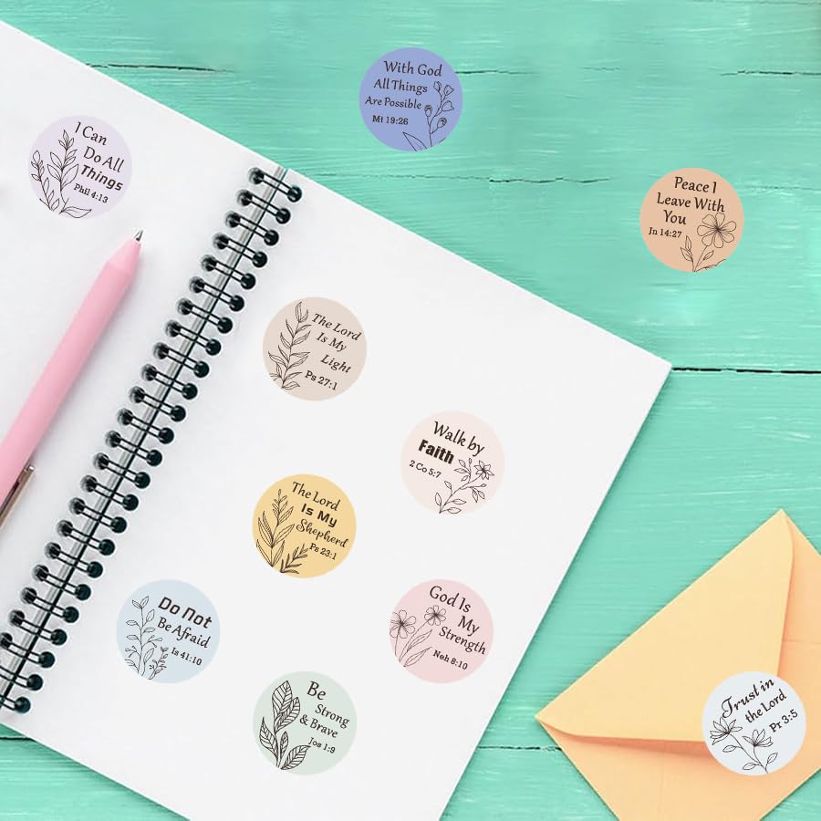 500 Pcs Bible Verse Stickers Roll 1 Inch Round Inspirational Christian Scripture Labels Floral Minimalist Faith Stickers for Journals, Planners, Scrapbooking, Gift Wrapping and Envelope Seals