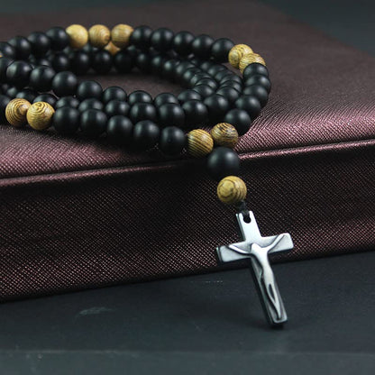 COLORFUL BLING Natural Wooden Catholic Rosaries Wood Crucifix Prayer Beads Pendant Necklace Prayer Jesus Religious Cross Rosary Necklace Handmade Jewelry - color: black agate