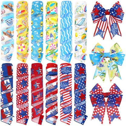 12 Rolls 60 Yards Summer Wired Ribbon for Wreaths Bows Crafts - style: Summer Memorial Day