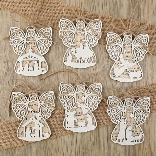 Shellwei 24 Pcs Christmas Wooden Nativity Ornaments Set Bulk Gift - style: Angel