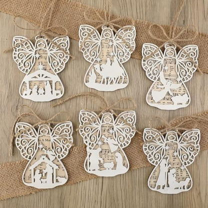 Shellwei 24 Pcs Christmas Wooden Nativity Ornaments Set Bulk Gift - style: Angel
