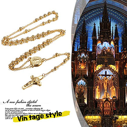 Rosary Beads Cross Necklace for Women Men, Stainless Steel Lords Prayer Long Chain Necklace Jewelry Gifts Y Necklace - color: GOLD-4mm
