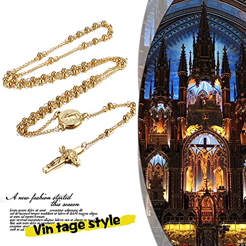 Rosary Beads Cross Necklace for Women Men, Stainless Steel Lords Prayer Long Chain Necklace Jewelry Gifts Y Necklace - color: GOLD-4mm