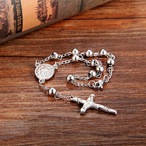 Cupimatch Religious Stainless Steel Beaded Rosary Cross Charm Bracelet for Men Women 8.6", Gold (Silver) for Mother's Day - color: Silver