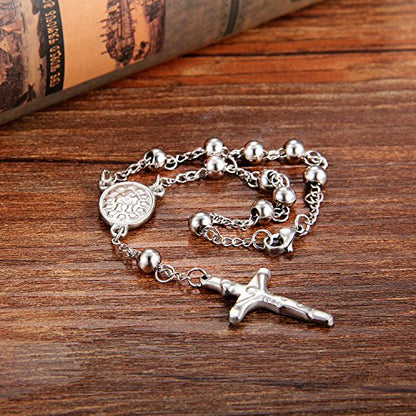 Cupimatch Religious Stainless Steel Beaded Rosary Cross Charm Bracelet for Men Women 8.6", Gold (Silver) for Mother's Day - color: Silver