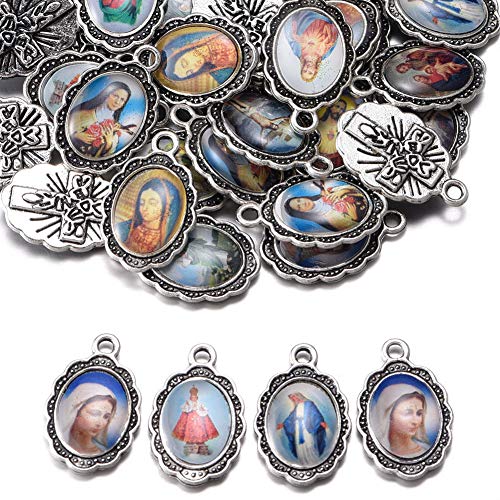 60pcs Mix Picture Enamel Our Lady Miraculous Medal Floral Rosary Centerpiece Cross Jesus Virgin Mary Catholic Alloy Crucifix Charms for Jewelry Making 19mmx12mm (A508)