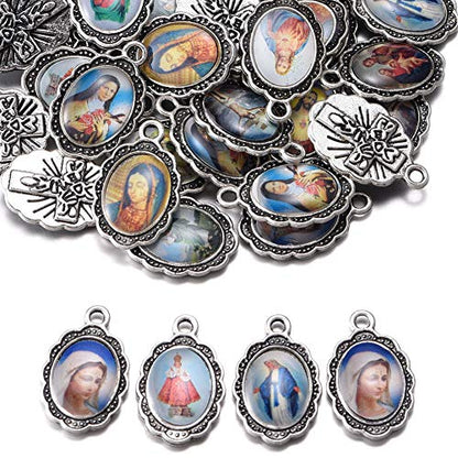 60pcs Mix Picture Enamel Our Lady Miraculous Medal Floral Rosary Centerpiece Cross Jesus Virgin Mary Catholic Alloy Crucifix Charms for Jewelry Making 19mmx12mm (A508)