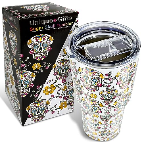 30oz Sugar Skull Tumbler Double Vacuum-Insulated | Keep Drinks 20H Cold/5H Hot, Travel Mug for Camping/Gym/Office, Day of the Dead/Halloween/Christmas Gift - color: White Sugar Skull