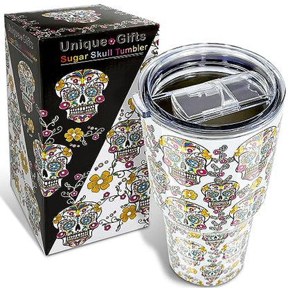 30oz Sugar Skull Tumbler Double Vacuum-Insulated | Keep Drinks 20H Cold/5H Hot, Travel Mug for Camping/Gym/Office, Day of the Dead/Halloween/Christmas Gift - color: White Sugar Skull