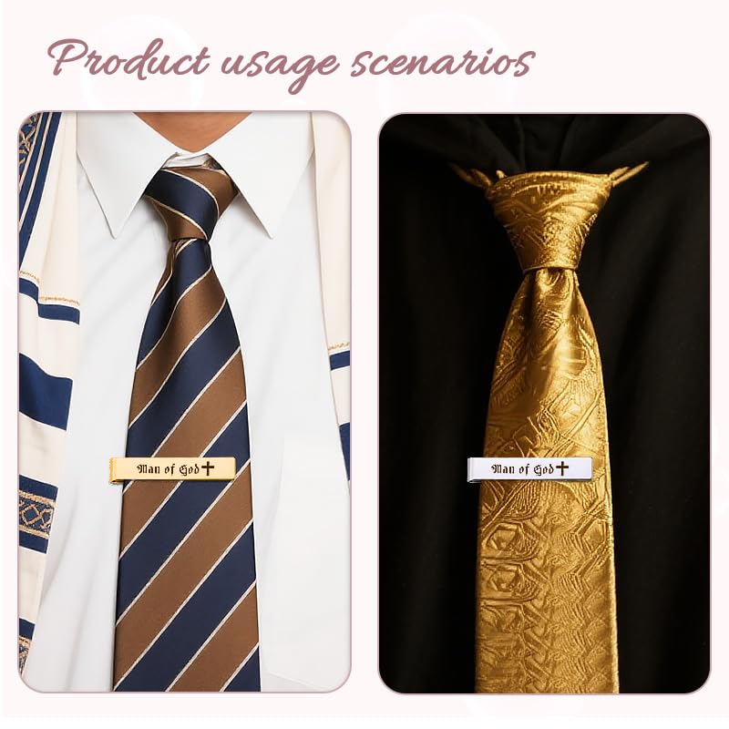 Man Of God Tie Clips 3 Set - Godfather Godson Christmas Engraved Gifts for Men Son Husband Dad Birthday Gifts from Wife - style: silver & gold & black