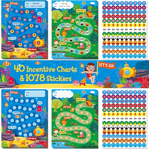 40 Pack Incentive Chart, 2 Adorable Designs with 1078 Stickers, Classroom Family Reward Chart System for Kids Homework Assignments, Attendance, Good Behavior, Chores, Potty Training Progress - style: Forest and Ocean