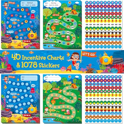 40 Pack Incentive Chart, 2 Adorable Designs with 1078 Stickers, Classroom Family Reward Chart System for Kids Homework Assignments, Attendance, Good Behavior, Chores, Potty Training Progress - style: Forest and Ocean