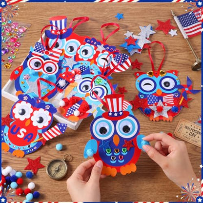 Funrous 48 Sets Patriotic Owl Crafts Bulk 4th of July Paper Crafts DIY - style: Patriotic Owl