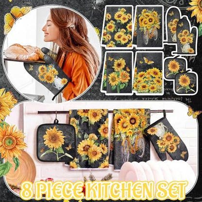 Leinuosen 8 Pcs Black Sunflower Kitchen Towels Dishcloths Accessories Set - color: Black, style: Sunflower