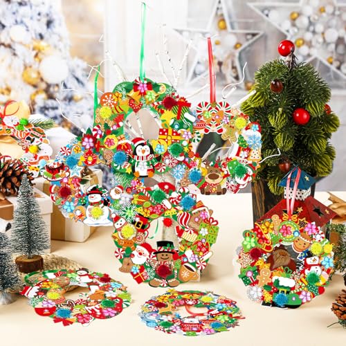 Hollowfly 48 Sets Christmas Wreath Craft Kits with Stickers - style: Christmas