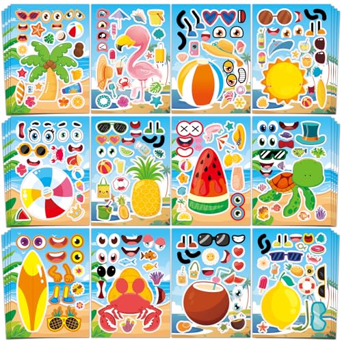 Aowplc 48 Summer Make-a-Face Sticker Sheets for Kids - style: Summer Vibe