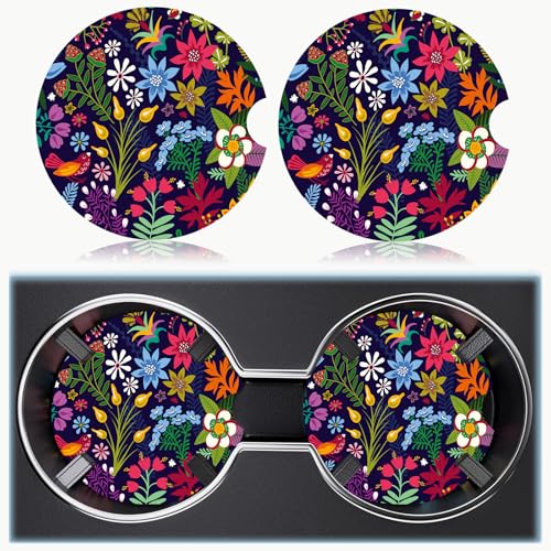 Ceramic Car Cup Holder Coasters Set of 2, 2.56 in Tropical Flowers - color: Colorful Tropical Flowers