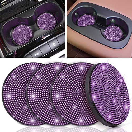 ToBeQueen Purple Car Cup Holder Coaster, 4 Pack Crystal Rhinestone Bling Car Coaster Universal 2.75 Inch Anti-Slip Shockproof Car Cup Holder Insert Auto Interior Accessories for Women Girl, Purple - color: H-purple